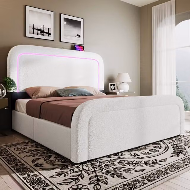 Letto imbottito 160x200 cm con USB Type-C; LED e 4 cassetti in Sherpa bianco