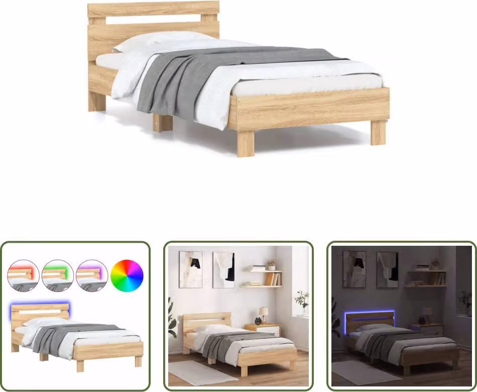 The Living Store Struttura letto con testiera e luci LED Rovere Sonoma 90x200cm