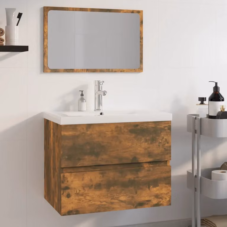 Set di mobili da bagno moderno vidaXL con mobile lavabo e armadietto specchio in rovere e bianco L/P/H: 60 x 38,5 x 45 cm