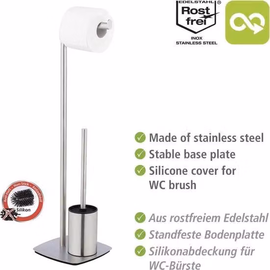 WC Garnituur Indipendente con Spazzola in Silicone e Supporto per Carta igienica - Acciaio Inossidabile Tessile