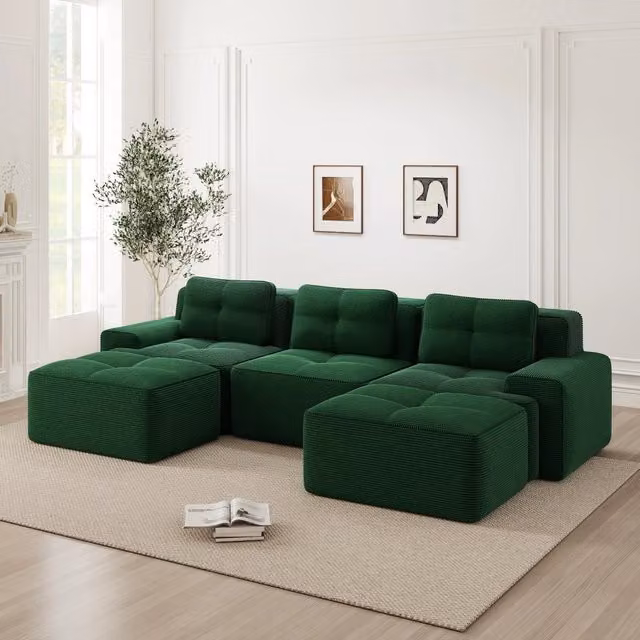Divano modulare a nuvola a U con pouf, 3 posti in velluto a coste, 293 x 177 x 69 cm, verde