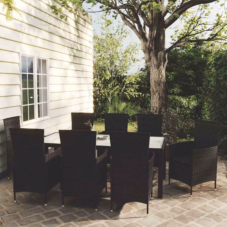 Set da pranzo da giardino vidaXL in polyrattan nero con cuscini e piano in vetro, 9 pezzi