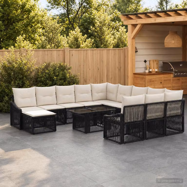 Set Divano da Giardino vidaXL 13 pz in Polyrattan Nero e Bianco con Cuscini e Tavolino da Esterno