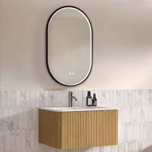 Mobile sottolavabo sospeso con lavabo integrato e specchio LED antiappannamento regolabile per bagno finitura rovere