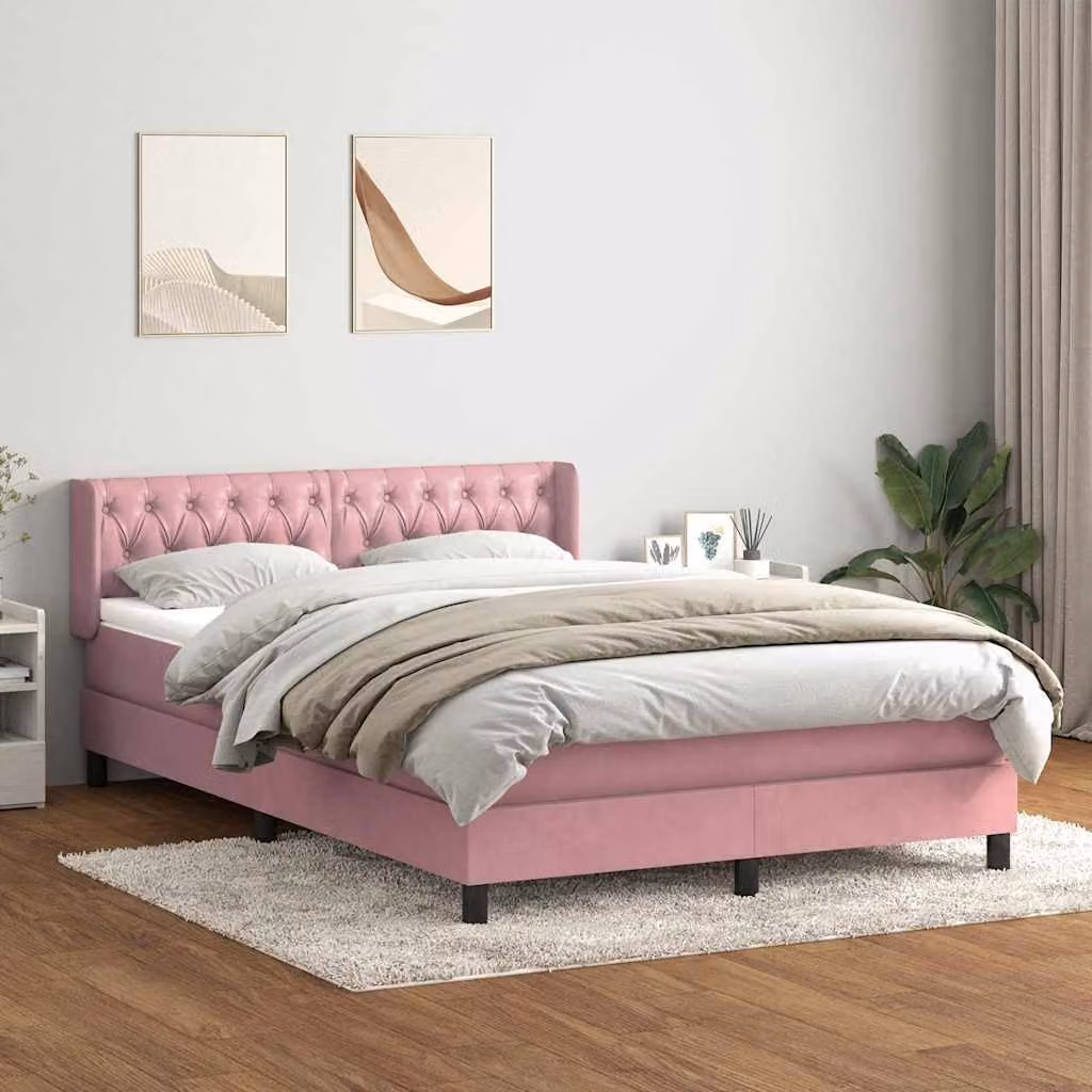 vidaXL Giroletto a Molle con Materasso Ibrido in Velluto Rosa e Bianco L/P/H: 147 x 223 x 88 cm
