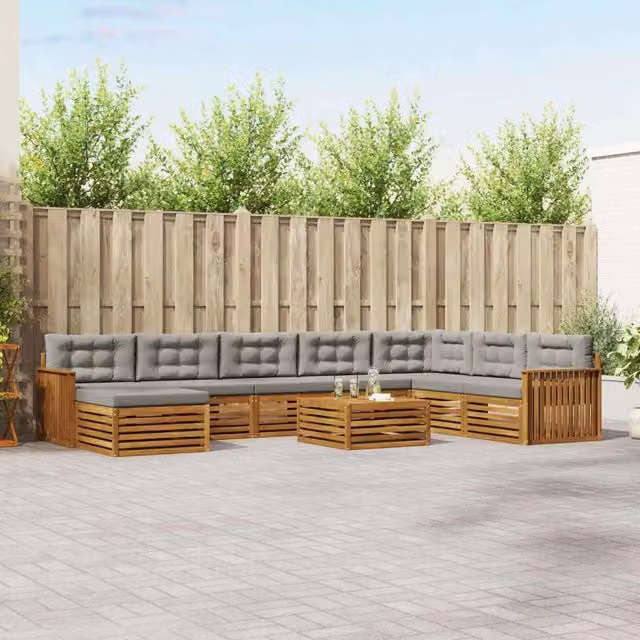 Set di divani da esterno a L vidaXL in legno di acacia con cuscini, colore grigio, 9 pezzi