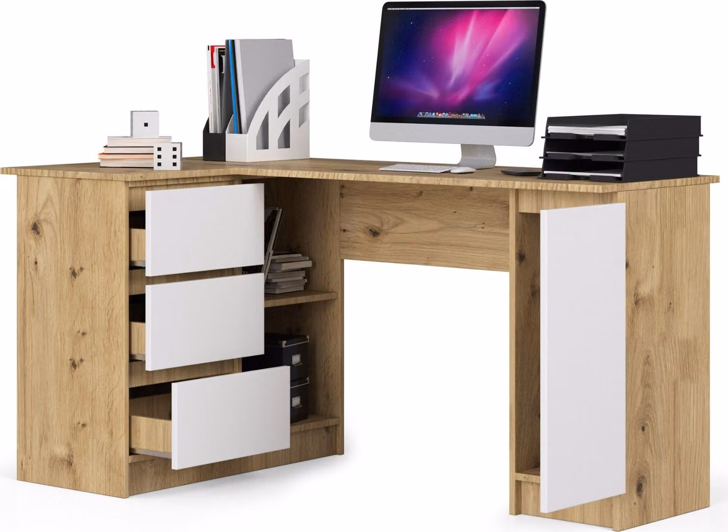 Akord Scrivania Angolare Sinistra Con 3 Cassetti E 1 Anta Rovere Artigianale/Bianco 155X85X77 Cm