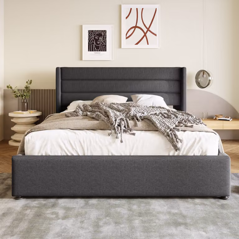letto imbottito okwish 180x200cm, letto matrimoniale idraulico, rete a doghe in legno, letto contenitore con rete a doghe in metallo, con materasso, grigio