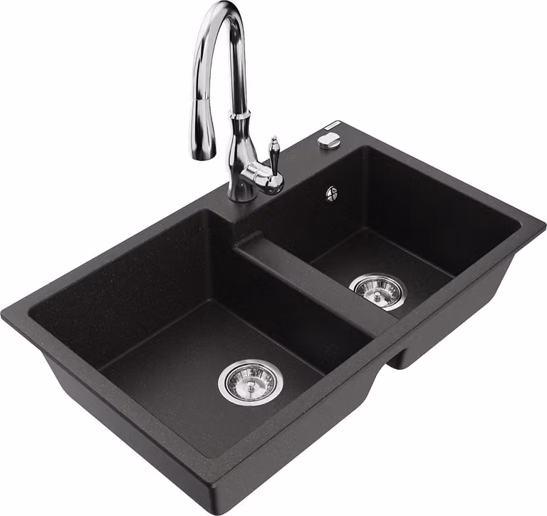 Mexen Tomas lavello da cucina in granito a 2 vasche con miscelatore Savita, nero/oro metallizzato - 6516-75-672601-00