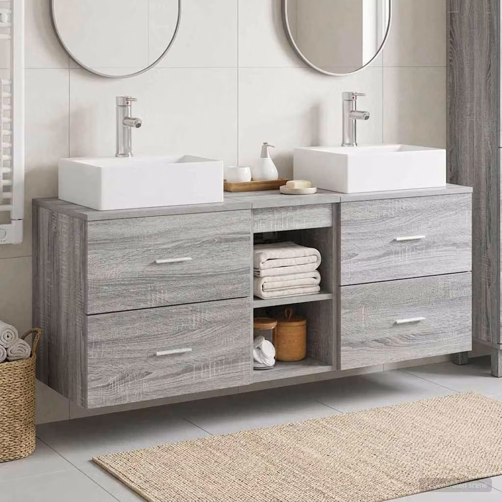Set di mobili da bagno moderni vidaXL in 3 pezzi grigio opaco con cassetti e ripiani, L/P/H: 129 x 41 x 79,5 cm