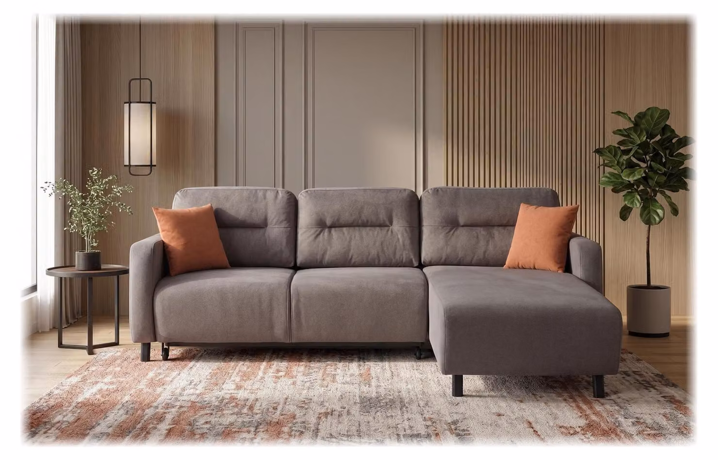 Divano angolare moderno grigio, a forma di "L", rivestito in tessuto, con chaise longue