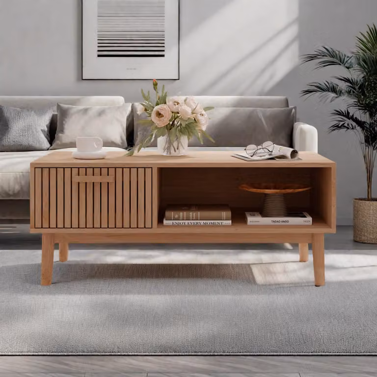 UnboxG tavolino in legno in colore naturale, design rattan con 1 cassetto, tavolino da salotto in stile boho, tavolino con vano portaoggetti