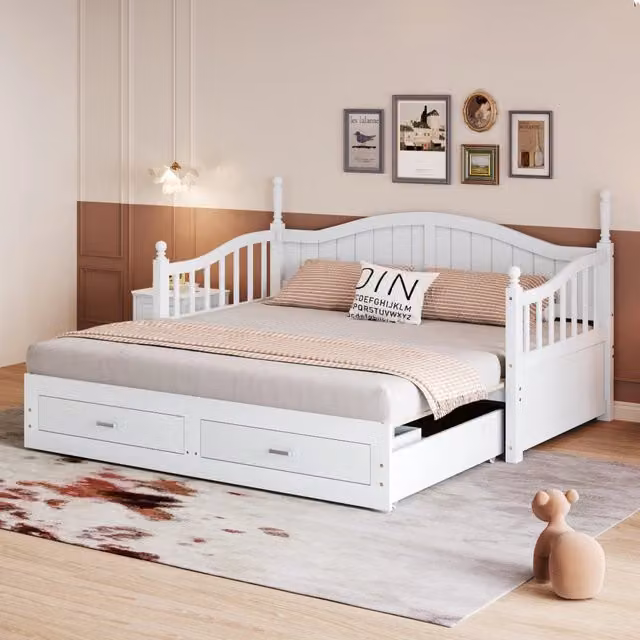 Divano letto Mivray bianco con cassetti e rete a doghe in legno di pino, estensibile da 90 x 190 cm a 180 x 190 cm