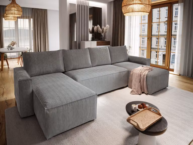 Divano angolare Masseno ASPRA con funzione letto a U, divano con box letto, divano da salotto, divano, divano, divano letto, set di divani - grigio, POSO 60