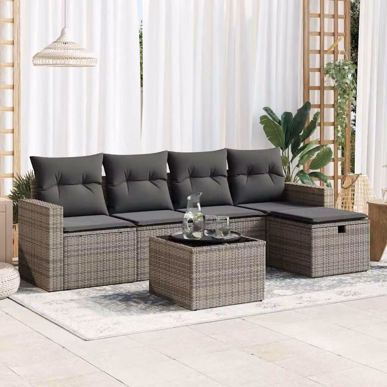 Set Divano da Giardino L-Shape vidaXL in Polyrattan Grigio con 6 Pezzi e Cuscini Imbottiti