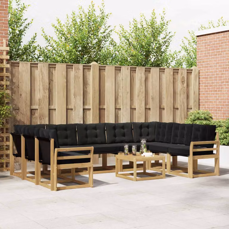 Set di divani da esterno vidaXL 10 pezzi in legno di acacia con cuscini bianchi e neri per giardino e terrazza