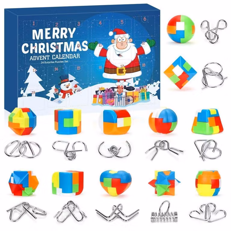 Calendario dell'Avvento con giochi di logica, contenente 24 puzzle in metallo e plastica, adatti a bambini e adulti