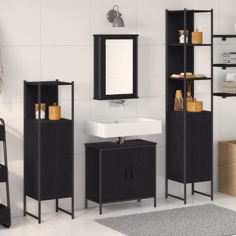 Set di mobili per il bagno moderno vidaXL in 4 pezzi nero opaco L/P/H: 33 x 33 x 185,5 cm