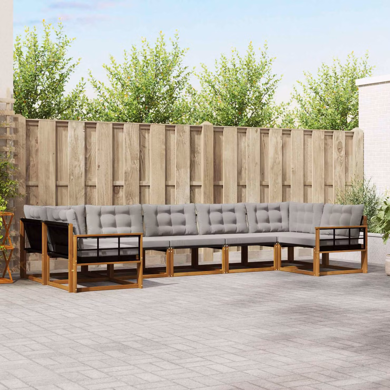 vidaXL Set di divani da esterno a forma di U composto da 7 pezzi in legno di acacia e tessuto textilene, Colore Beige e Grigio