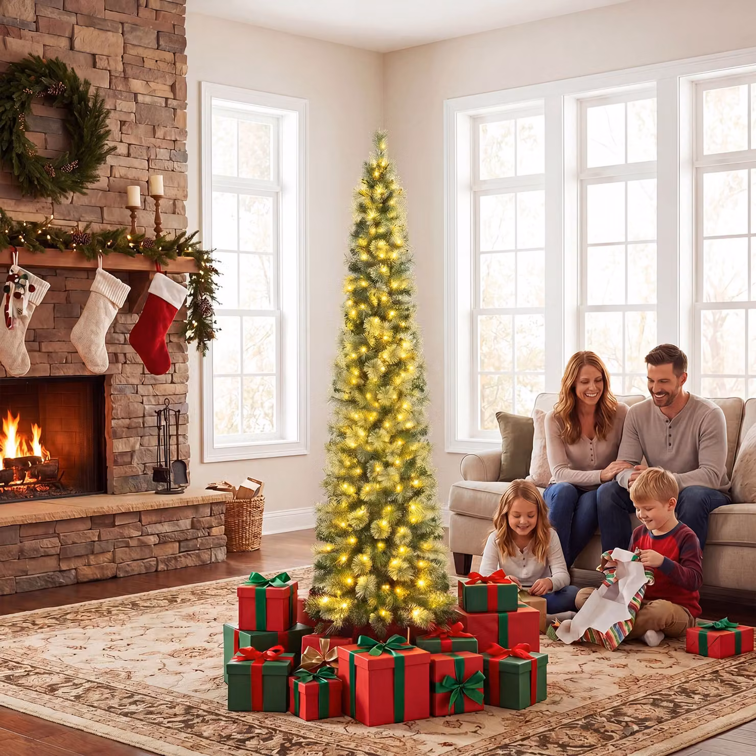Costway Albero di natale slim con luci incorporati e regolabili con timer e telecomado per interno e esterno, Albero natale automatico con 120 LED s