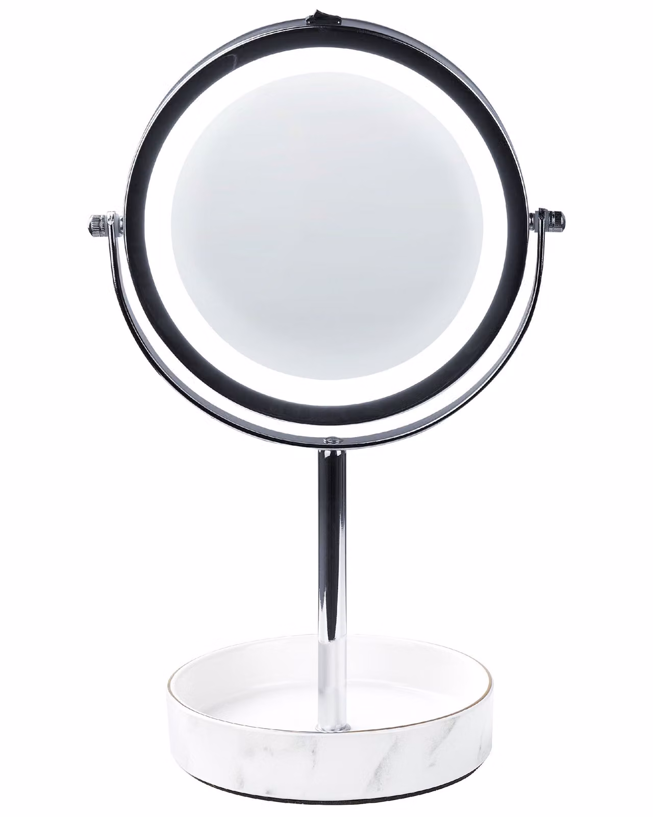 BELIANI Specchio cosmetico LED argento e bianco cornice in metallo ferroso ø 20 cm supporto in Vetroceramica 1x/5x lente d'ingrandimento bifacciale