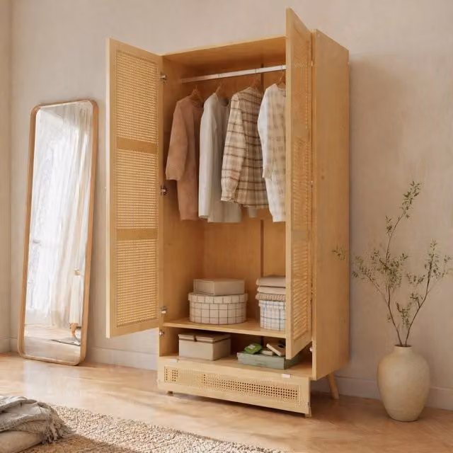 Armadio guardaroba a 2 ante in stile scandinavo con bastone appendiabiti e dettagli in rattan, colore beige, L: 90 cm, P: 45 cm, H: 183 cm