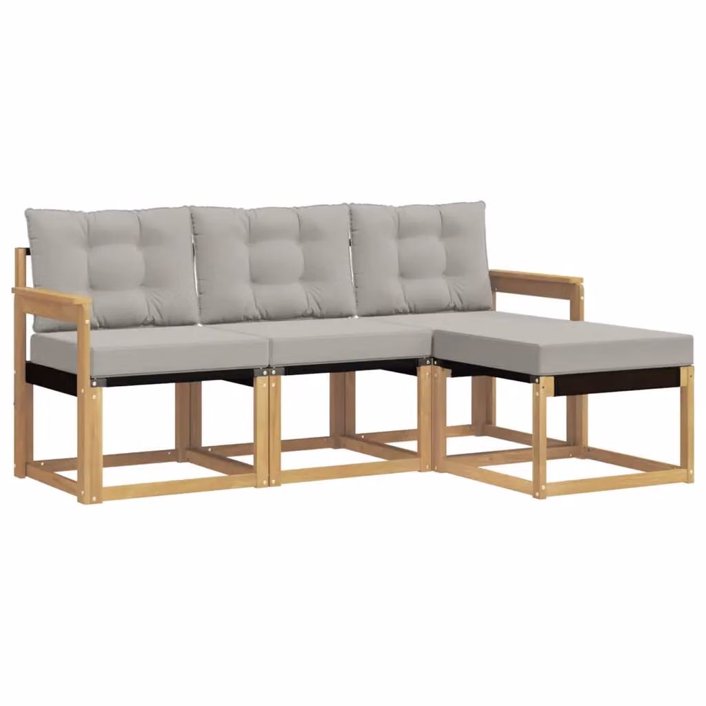 Set di divani da esterno a L con ottoman vidaXL in legno di acacia e tessuto textilene, Bianco e Grigio – 2