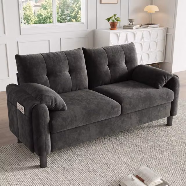 Divano a 2 posti in ciniglia con cuscini spessi schienale ergonomico e tasche laterali per piccoli spazi grigio