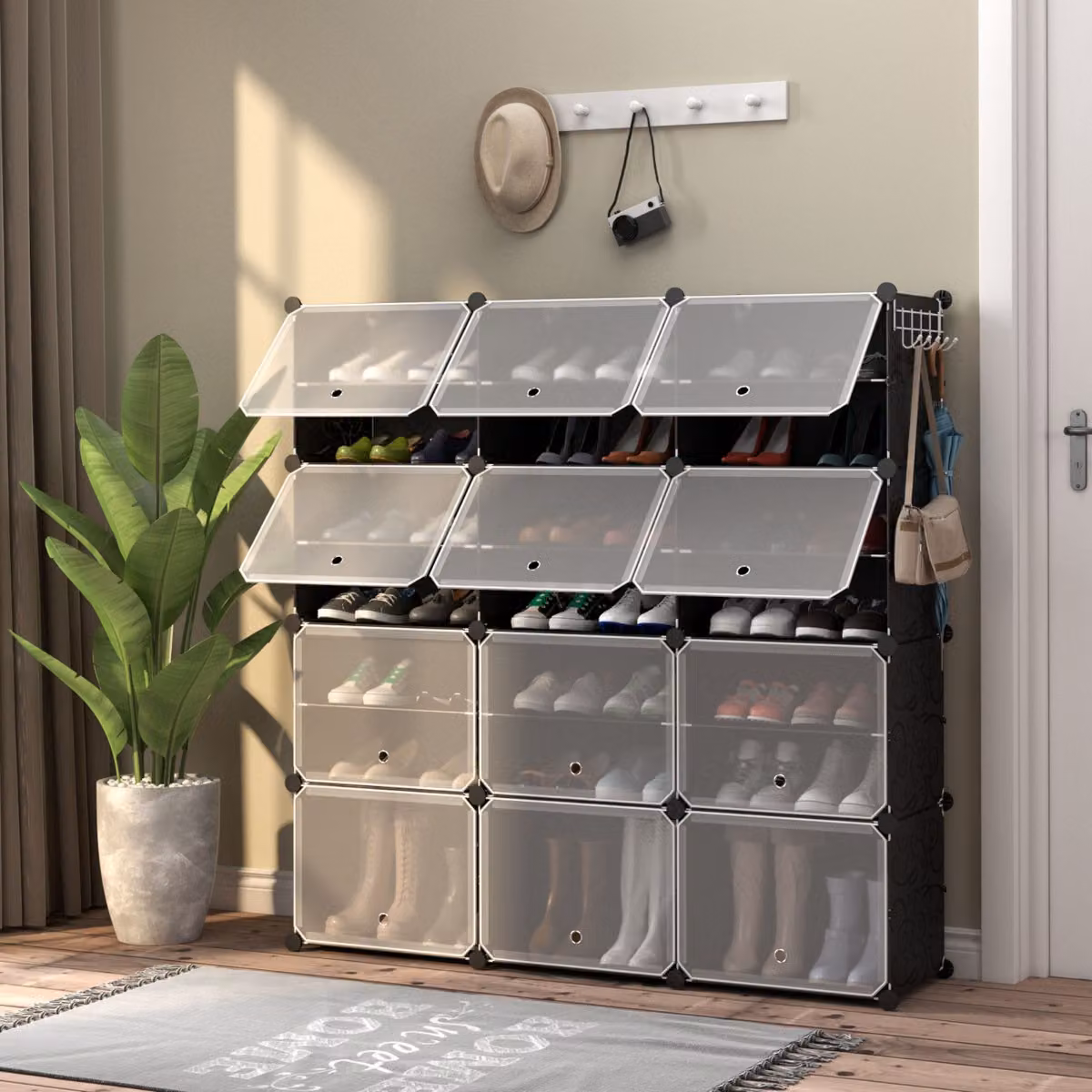 Scarpiera Costway con 12 cubi e ganci laterali per 48 paia di scarpe, armadio da ingresso moderno in plastica nero opaco