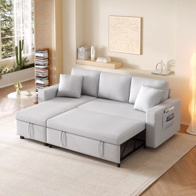 Divano letto angolare 3 posti con chaise longue reversibile e contenitore; effetto lino; grigio scuro