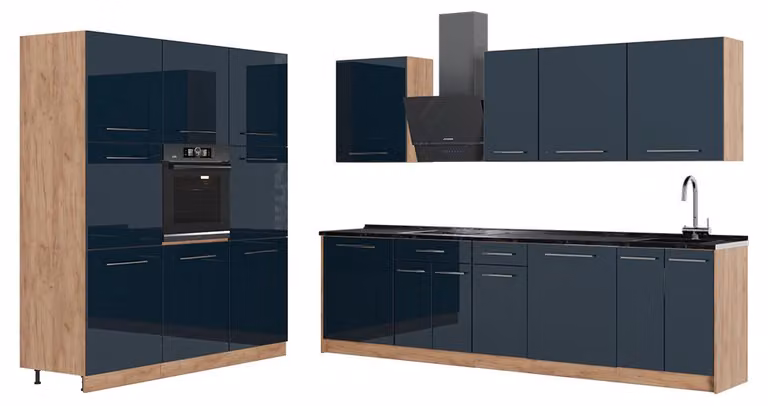 Cucina componibile Vicco Fame-Line Blu scuro lucido/Rovere dorato 460 cm, PL Antracite, Model 65723