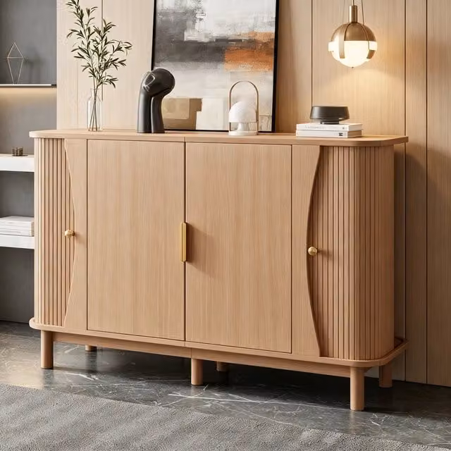 Sideboard 140x40x88 cm in MDF e legno naturale, 2 ante scorrevoli, bordi curvi, portata 60 kg, mobile contenitore per soggiorno e corridoio