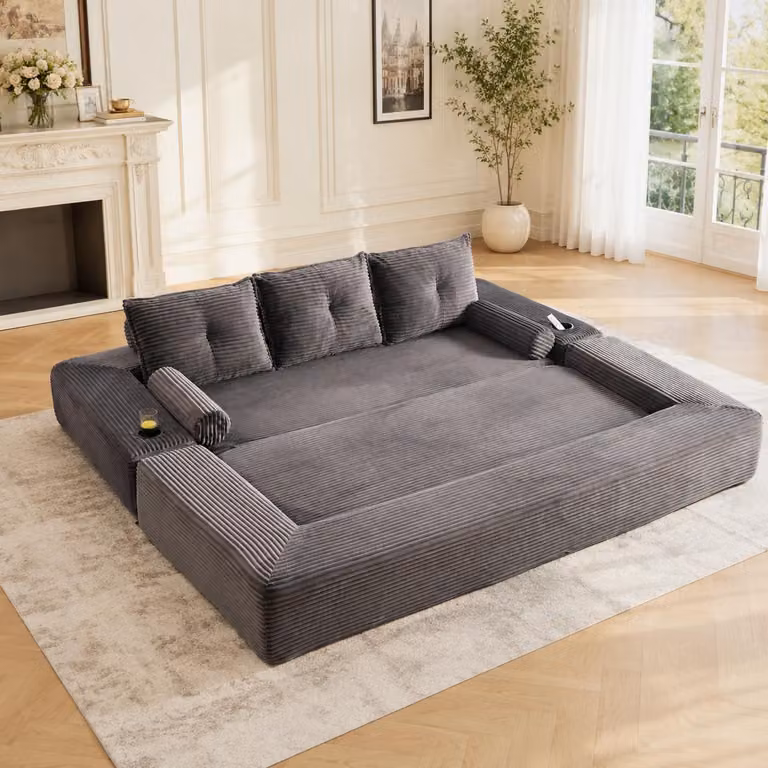 Poltrona relax MODFU con cuscino per lo schienale, tasche laterali e portabevande, divano a 3 posti in velluto, divano modulare con braccioli rimovibili, trasformabile in letto, grigio scuro