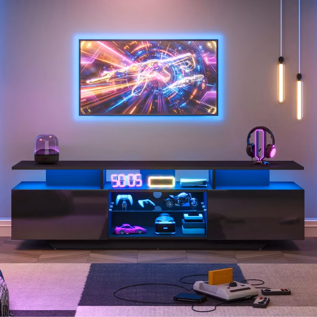 Cassettiera per TV moderna KOMHTOM in MDF e vetro nera con illuminazione integrata L: 160 cm, P: 40 cm, H: 45 cm – 2