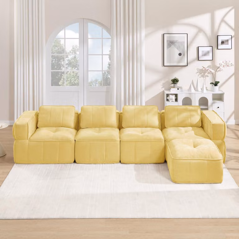 Divano modulare a forma di L, con 4 posti, imbottitura in schiuma 32D, poggiapiedi integrato, seduta profonda e confortevole (beige)