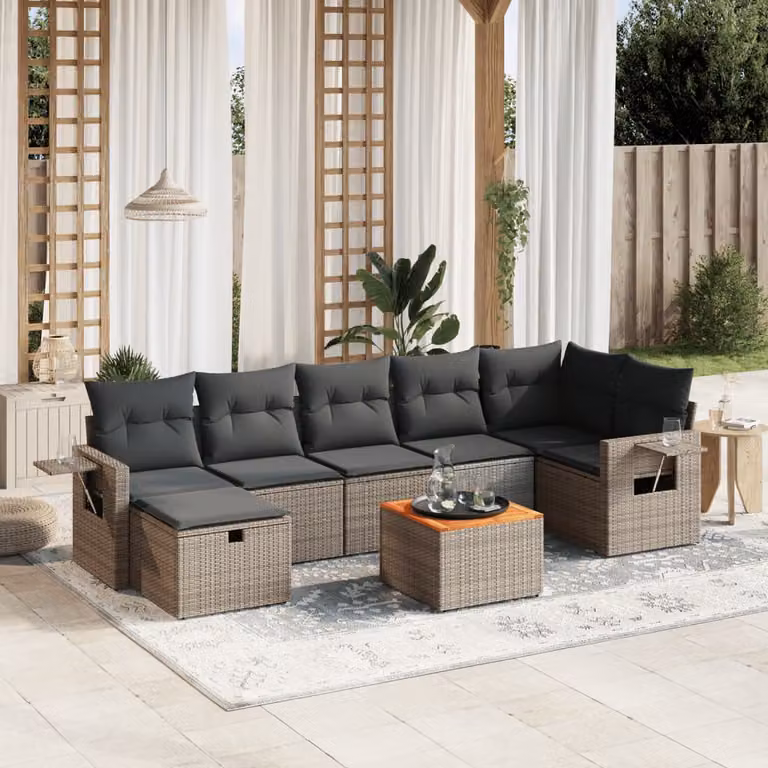 vidaXL Set Divano da Giardino 8 pz a Forma di L con Cuscini Grigio in Polyrattan e Struttura in Acciaio