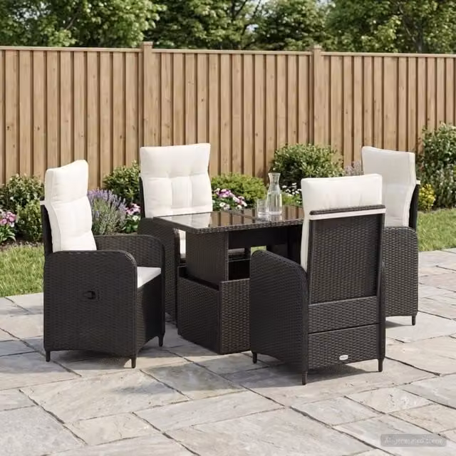 Set da pranzo per esterni 5 pz Nero e Bianco Crema polyrattan 3422403