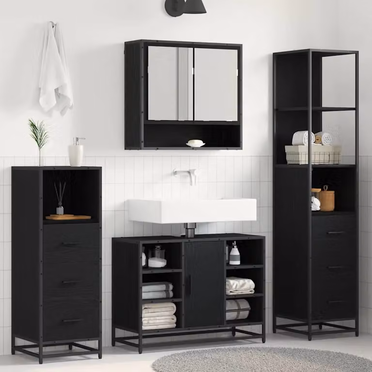 Set di mobili per il bagno moderno vidaXL 3 pezzi in rovere e nero con armadietto a specchio, mobile lavabo e colonna alta
