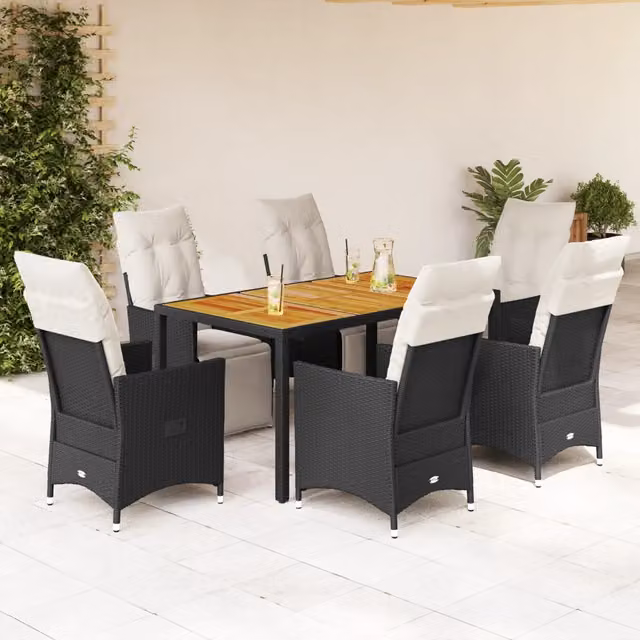 Set da Pranzo da Giardino 7 pz Nero con Cuscini in Polyrattan 3276858