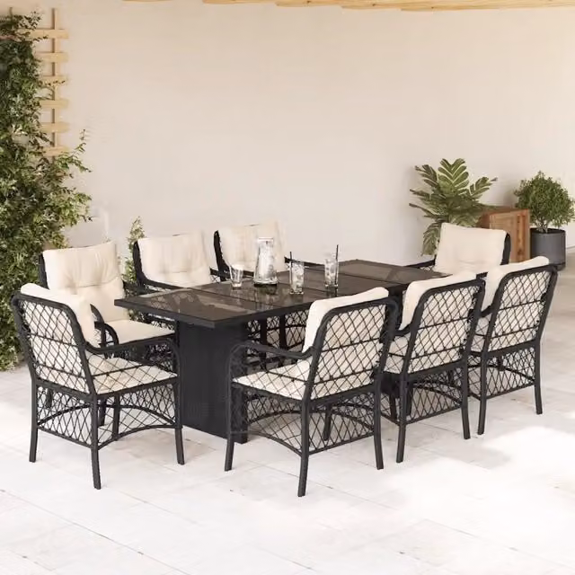 Set da pranzo da giardino vidaXL in polyrattan nero con piano in vetro, 9 pezzi – 1