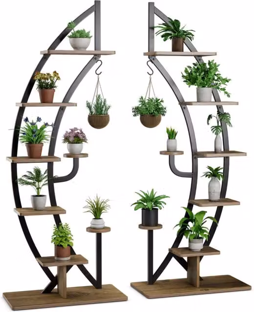 Set di 2 scaffali per piante a 7 livelli in metallo e legno nero con design a mezza luna e gancio superiore – 1