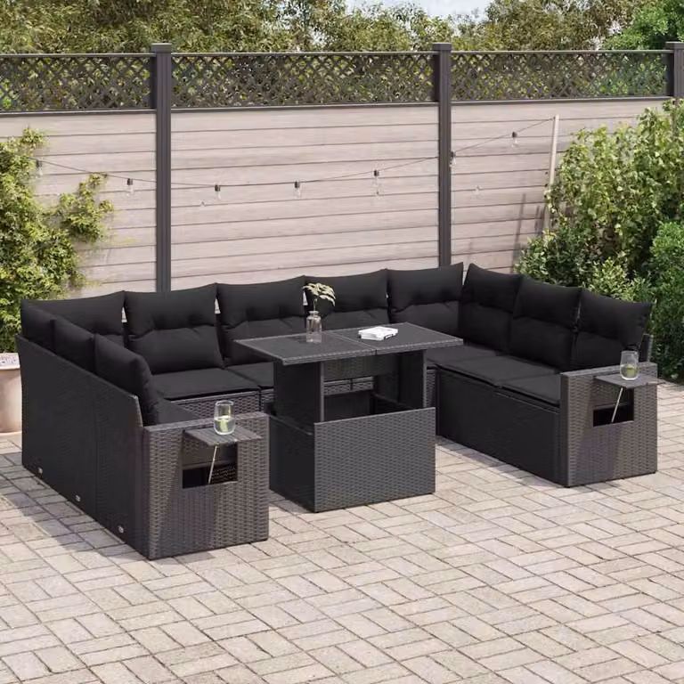 Set di divani da giardino vidaXL in polyrattan nero con 10 pezzi e cuscini