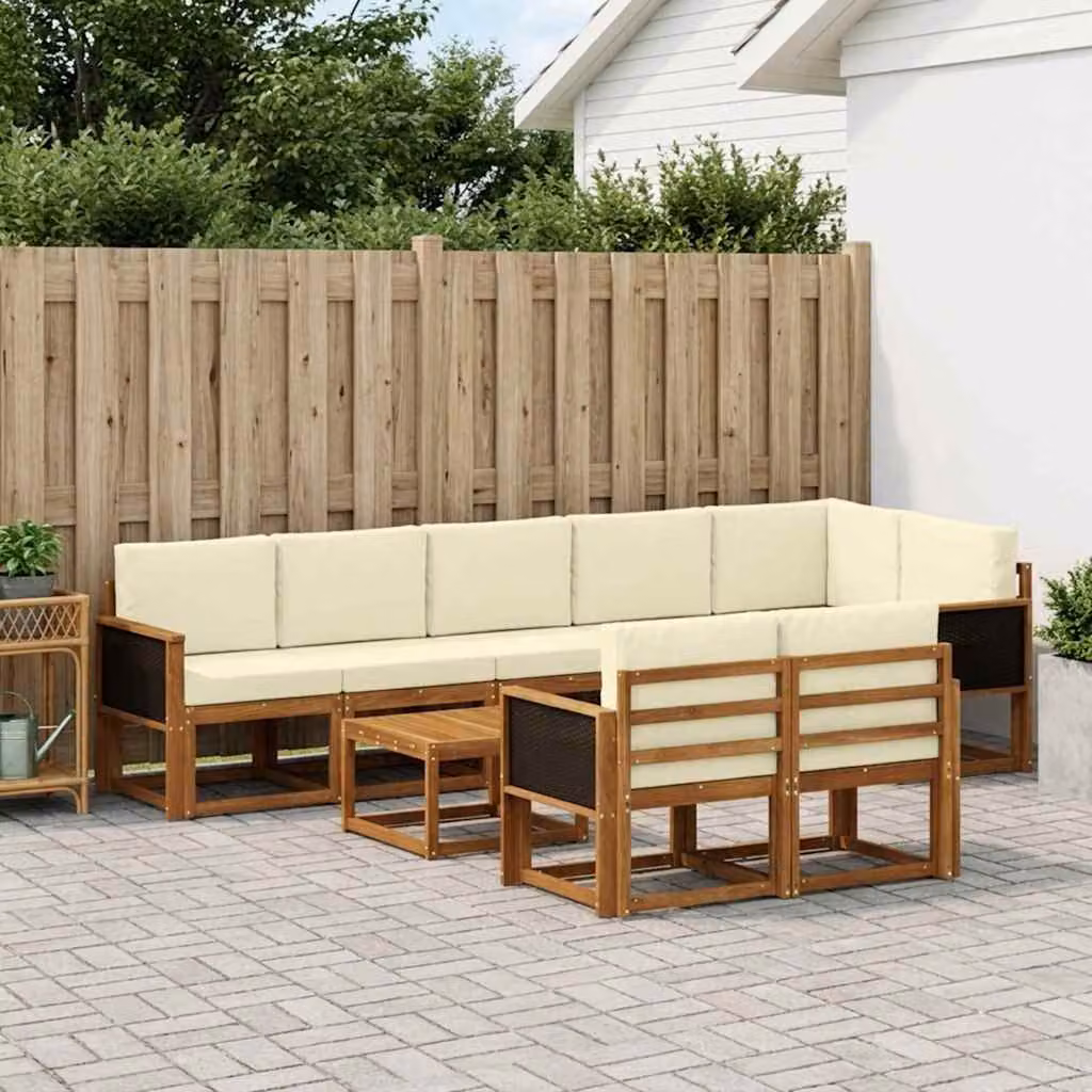 vidaXL Set di divani da esterno a L composto da 9 pezzi in legno di acacia con cuscini beige e bianco e tavolino da giardino