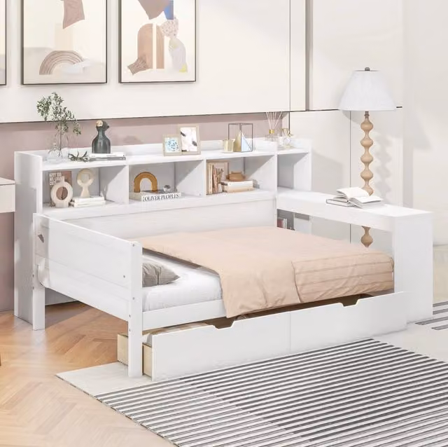Letto moderno multifunzione in MDF bianco con scrivania, prese USB e cassetti, dimensioni: 229.5 x 90 x 121.8 cm
