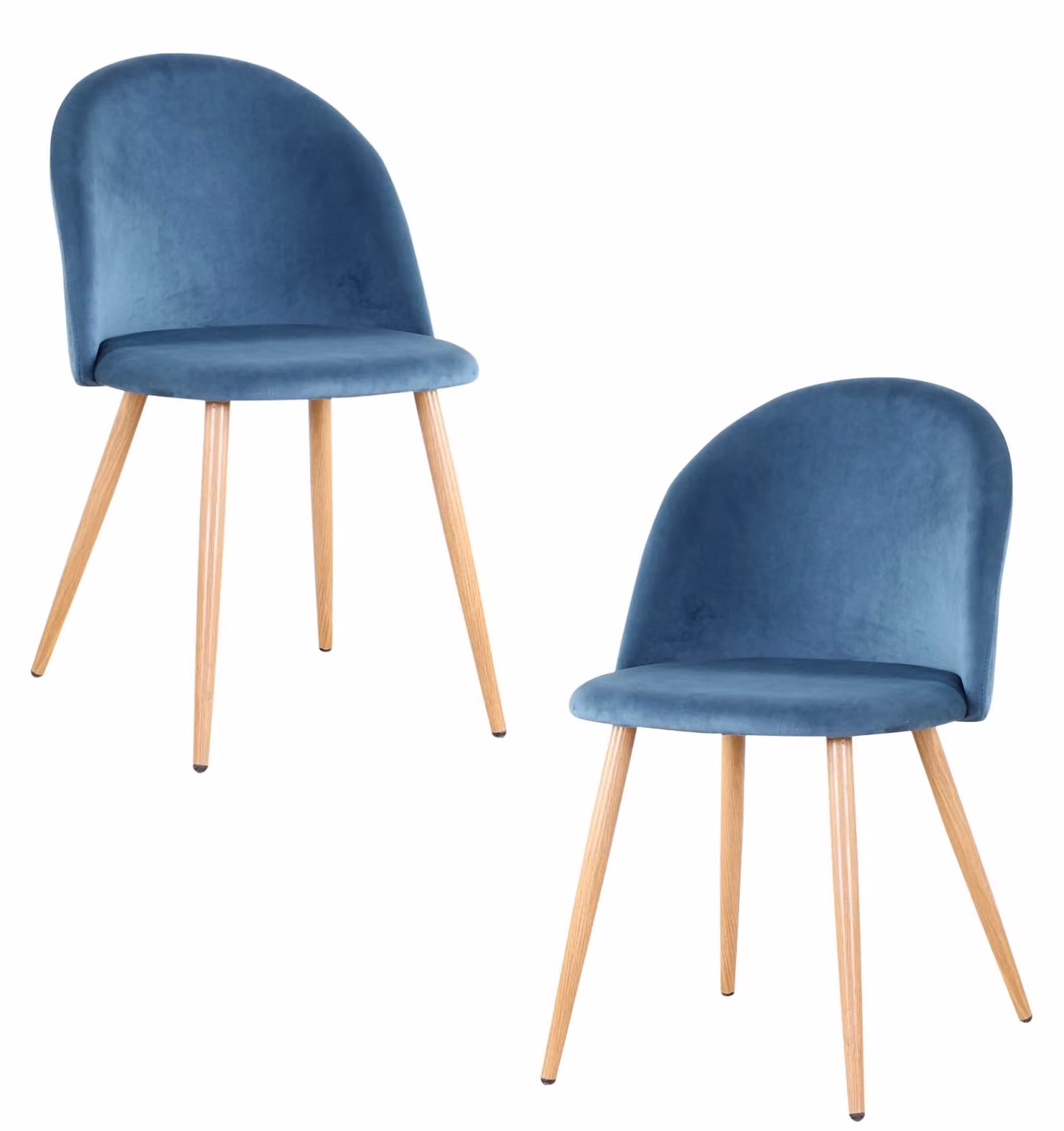 Set di 2 poltrone da pranzo in velluto, colore blu, con struttura in ferro e aspetto effetto legno