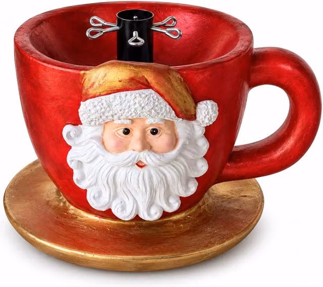 Base per albero di Natale a forma di tazza con Babbo Natale in rilievo, foro universale 4 cm, per fusti fino a 180 cm, peso 6 kg
