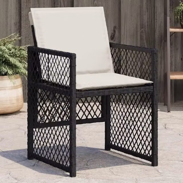 Set di 4 sedie da giardino vidaXL in polyrattan con cuscini neri e bianchi e braccioli