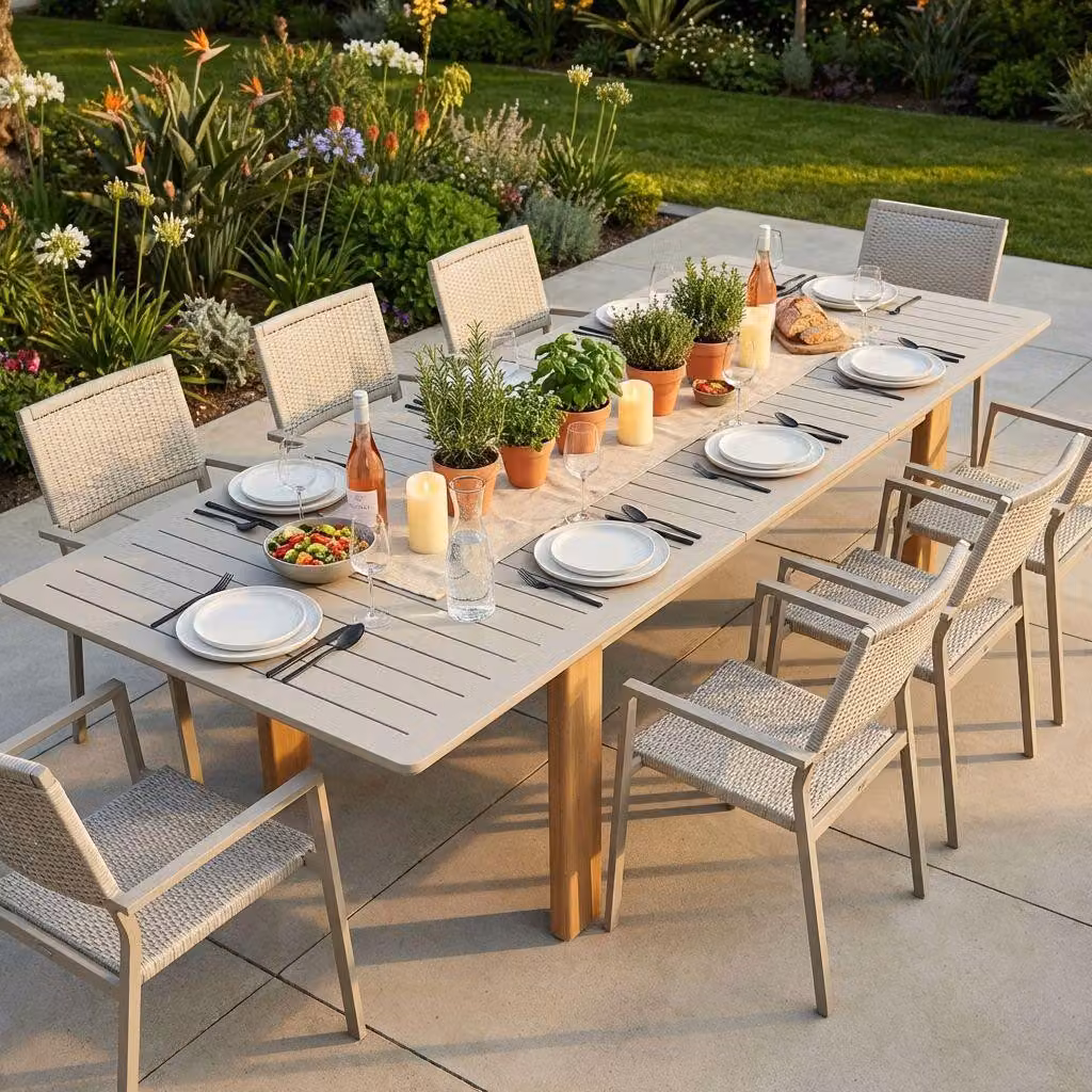Milani Home - tavolo da giardino allungabile, alluminio, 10 posti, grigio sabbia e marrone chiaro, piano 233 x 296 cm