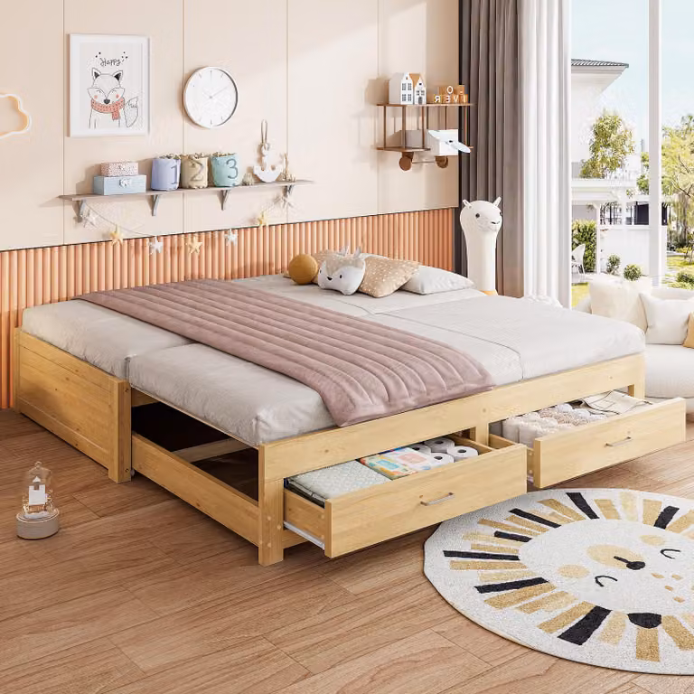 Letto singolo okwish 90/180×190 con materasso e letto a estensione, divano letto con due cassetti, letto in legno color naturale