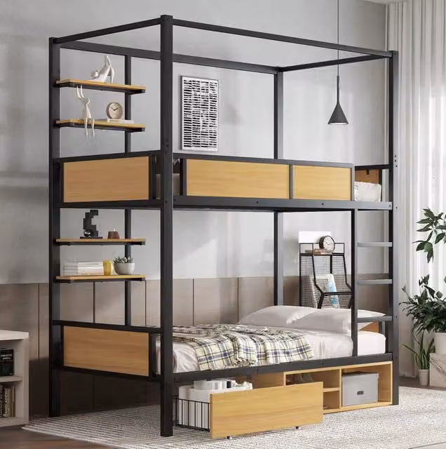 Letto a castello 90x200 cm nero naturale in metallo e MDF con vani portaoggetti